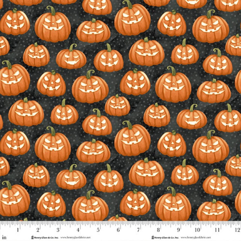 Ghosts in the Graveyard: PUMPKINS GLOW BLACK/ORANGE Fabric (1/2 yd)
