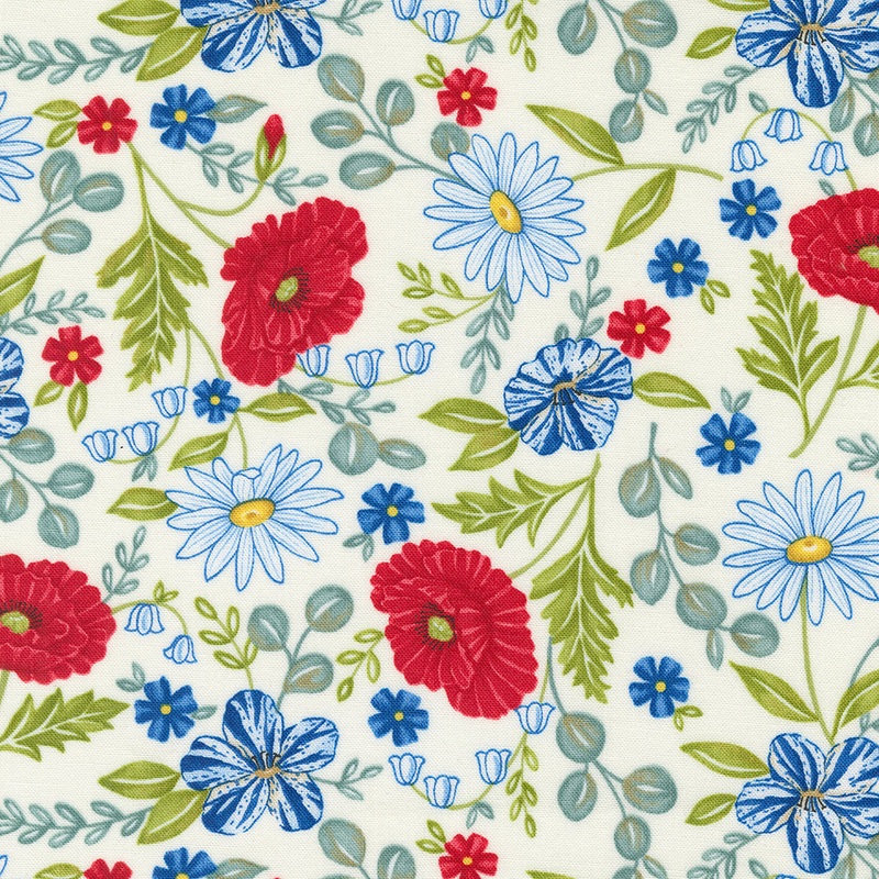 Red White & Bloom: DAISY WHITE Patriotic Florals Fabric by Deb Strain (1/2 yd)