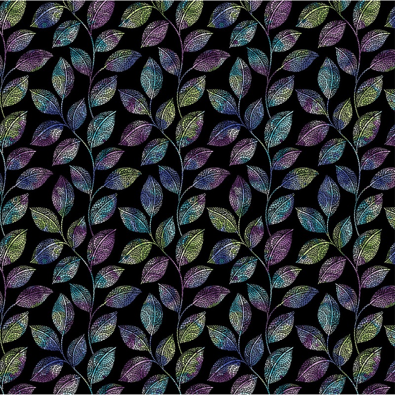 Go With The Flow: MOSAIC LEAVES Black/Multi Fabric (1/2 yd)