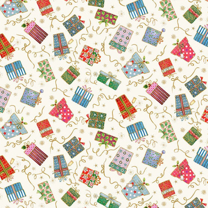 Jolly Saint Nick: CREAM GIFTS Fabric (1/2 yd) by Makower UK