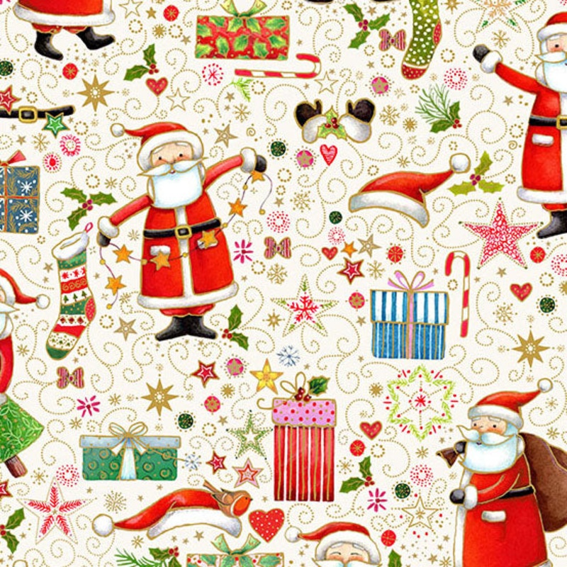 Jolly Saint Nick: CREAM MERRY MAGIC Fabric (1/2 yd) by Makower UK