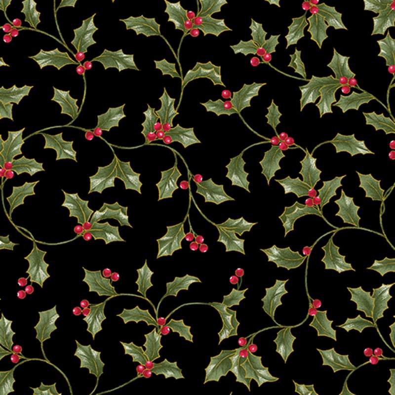 A Botanical Season: HOLLY and BERRIES BLACK Fabric (1/2 yd)