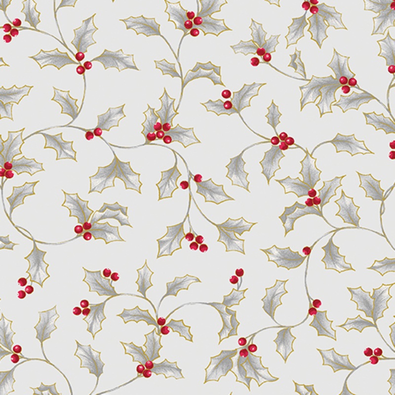 A Botanical Season: HOLLY and BERRIES PEWTER Fabric (1/2 yd)