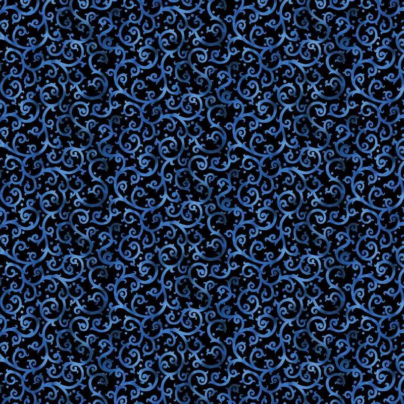 Christmas Spirit: SCROLLING SPLENDOR Blue/Black Fabric (1/2 yd)