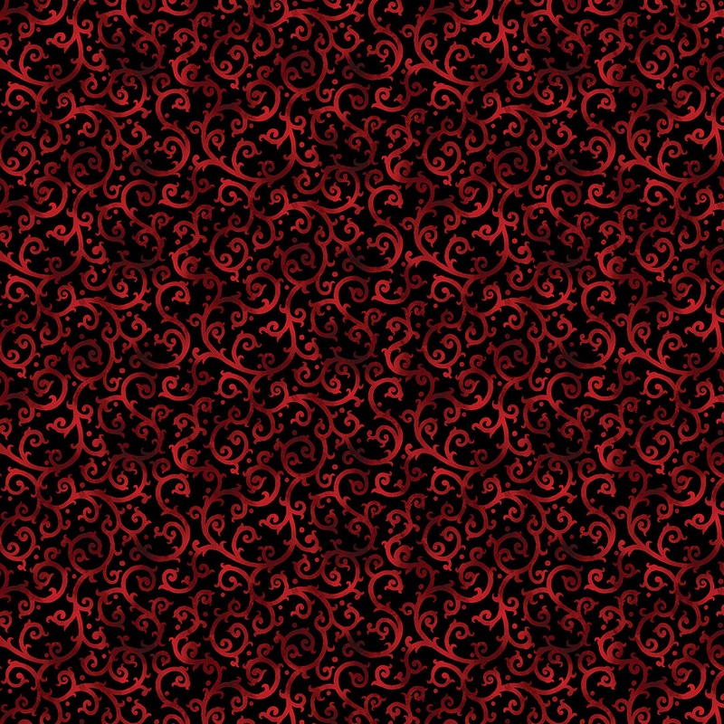 Christmas Spirit: SCROLLING SPLENDOR Scarlet/Black Fabric (1/2 yd)