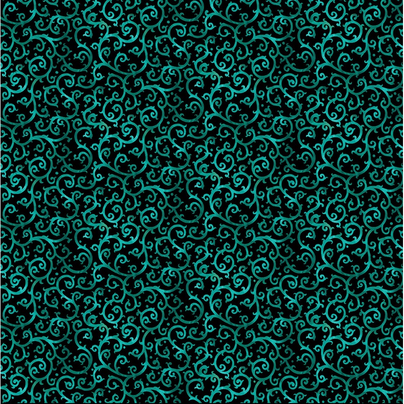 Christmas Spirit: SCROLLING SPLENDOR Turq/Black Fabric (1/2 yd)