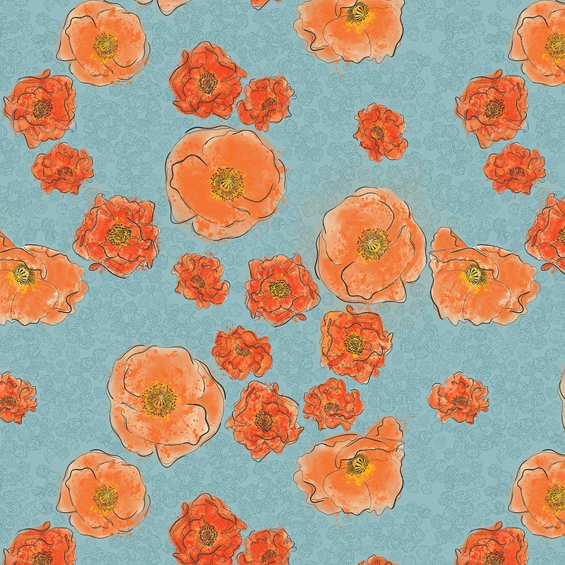 Modern Vintage Treasured: TREASURED POPPIES TURQUOISE Fabric (1/2 yd)