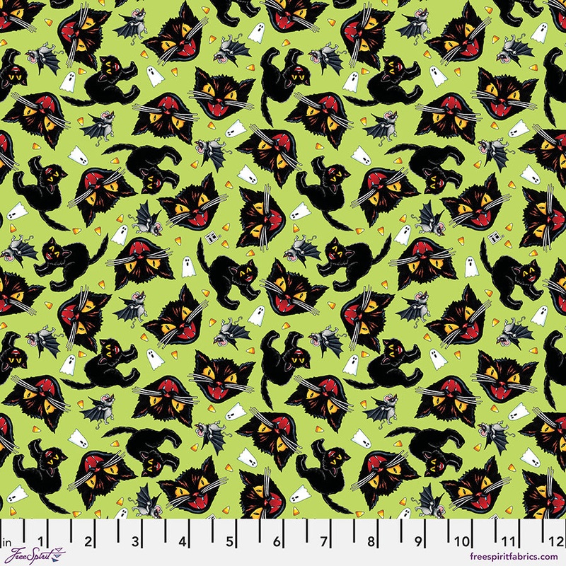 Spooky Cute Halloween: CAT and MOUSE - LIME Fabric (1/2 yd)