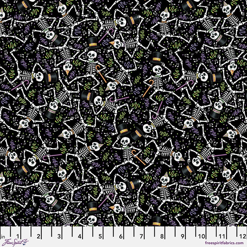 Spooky Cute Halloween: DANCING SKELETONS - BLACK Fabric (1/2 yd)