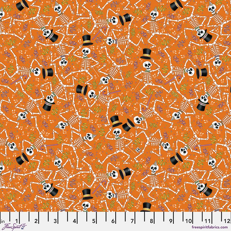 Spooky Cute Halloween: DANCING SKELETONS - ORANGE Fabric (1/2 yd)