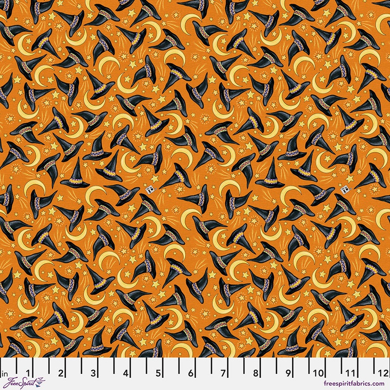 Spooky Cute Halloween: HATS and MOONS - ORANGE Fabric (1/2 yd)