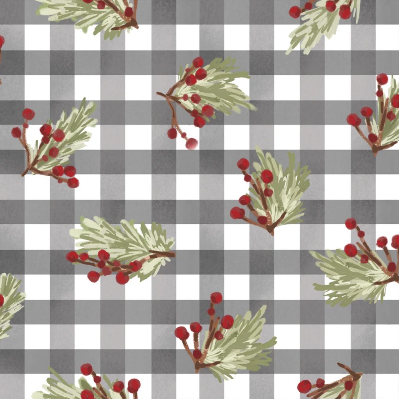 Christmas in the Country: BERRIES and PLAID GRAY Fabric (1/2 yd)