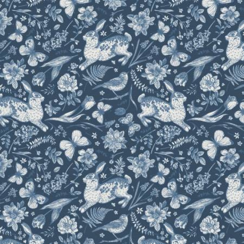 Light Blue On Dark Blue Garden Toss 118 Cotton (183-25352)  Sold in UNITS of  metre
