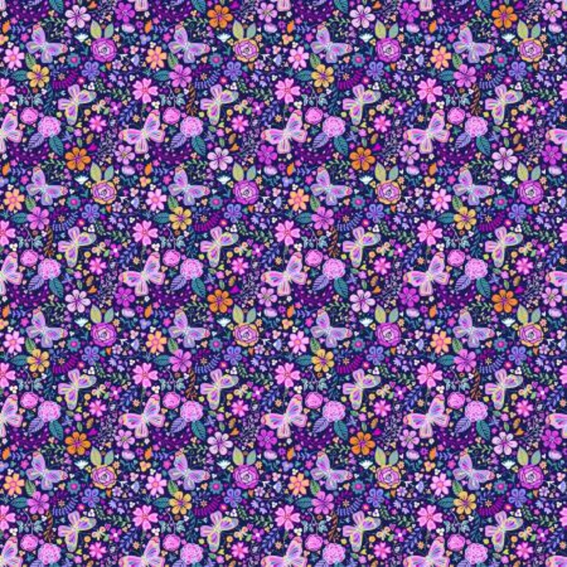 Purple Enchanted Garden On 108 Cotton (WBX11320-NAVY)  Sold in UNITS of  metre