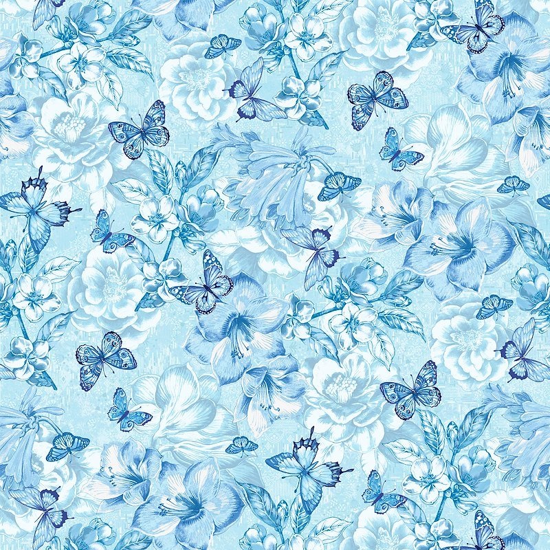 Lt. Blue Monotone Butterfly and Floral 108 Cotton (8164WS-17)  Sold in UNITS of  metre