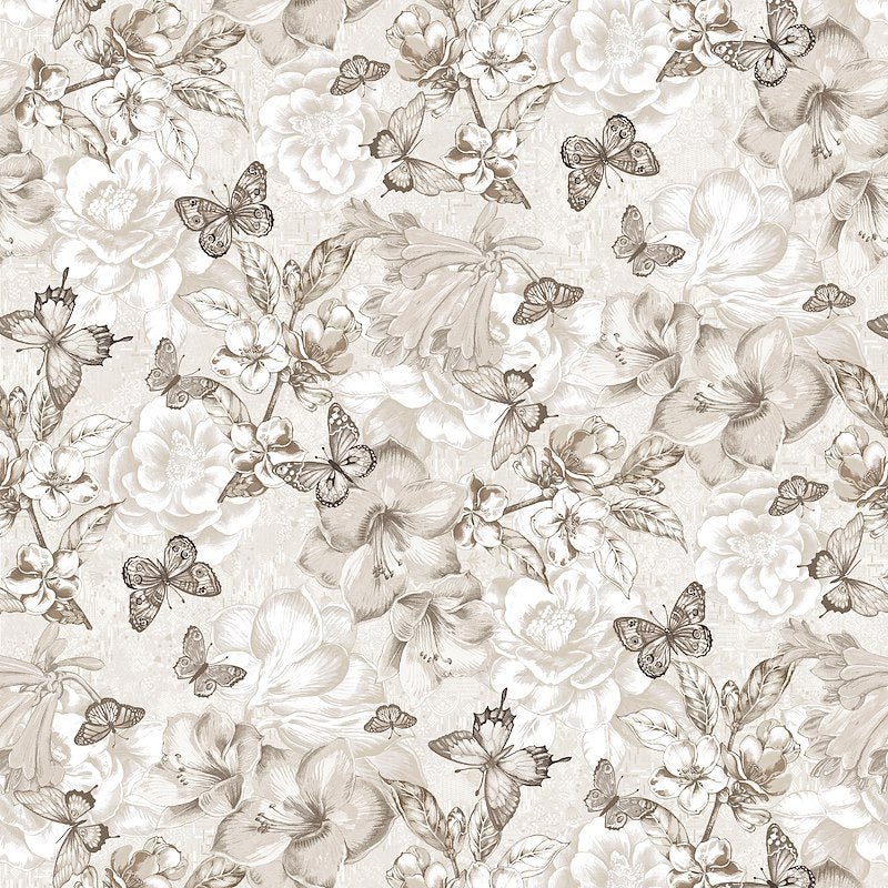 Natural Monotone Butterfly and Floral 108 Cotton (8164WS-33)  Sold in UNITS of  metre