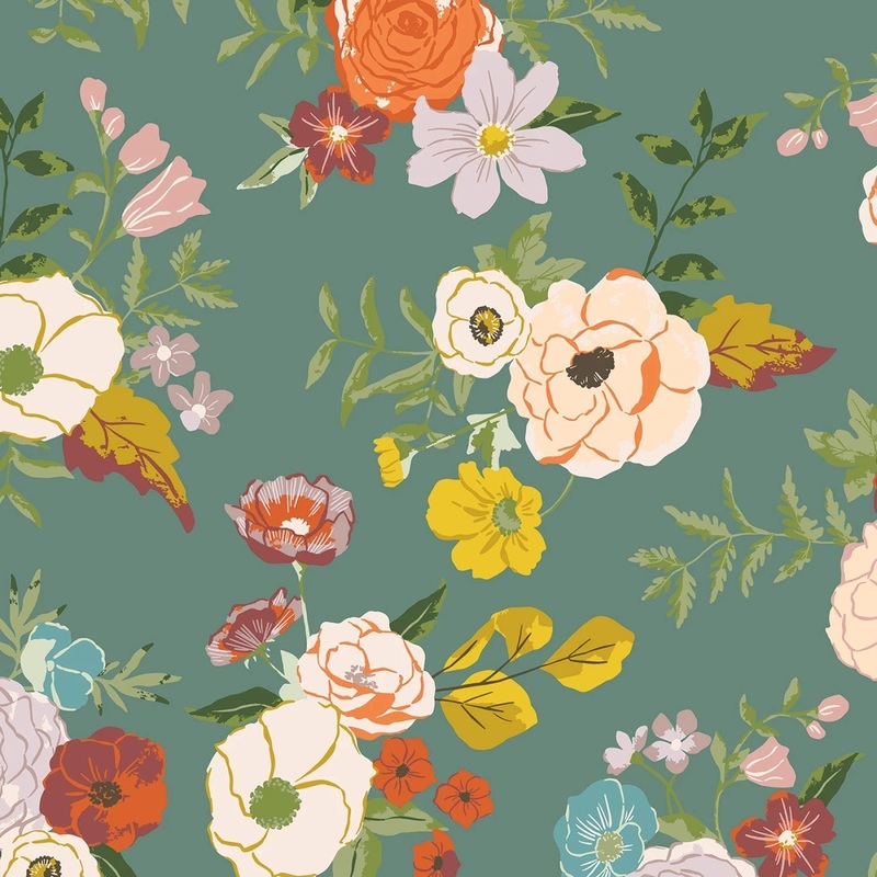 Winged Medley by Katherine Lenius Collection - Floral Teal  | 108 Cotton (WB16140R-TEAL)  Sold in UNITS of  metre