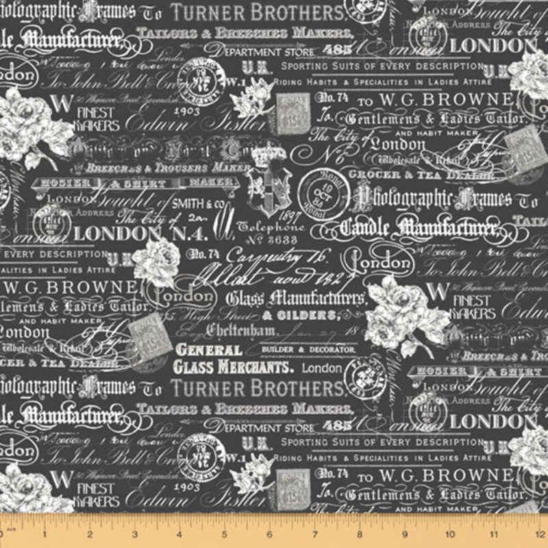 *Closeout Sale* London, Text and Stamps in Black, Windham Fabrics, per half yard