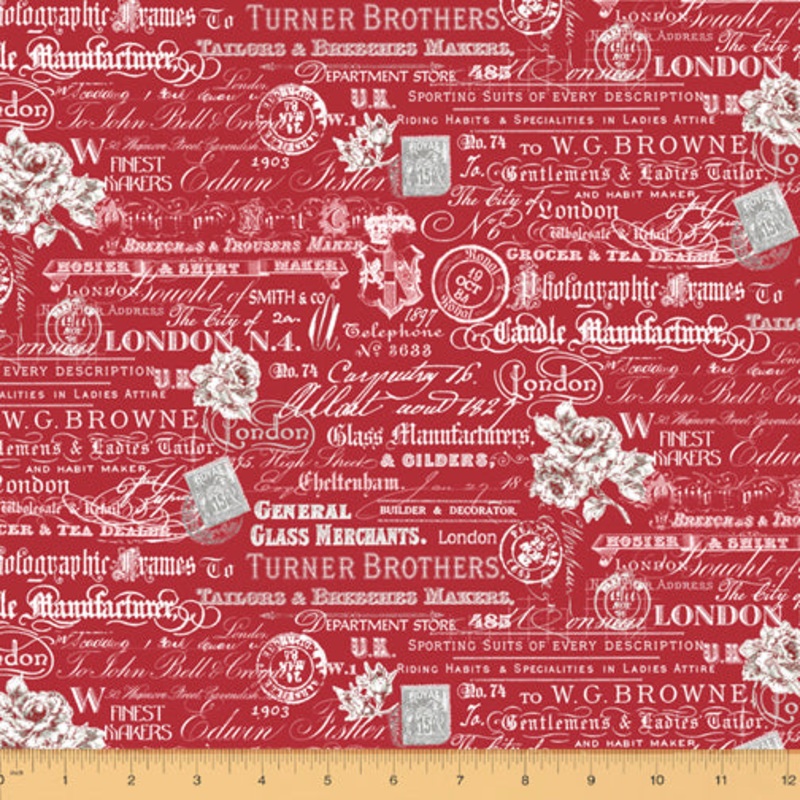 *Closeout Sale* London, Text and Stamps in Red, Windham Fabrics, per half yard