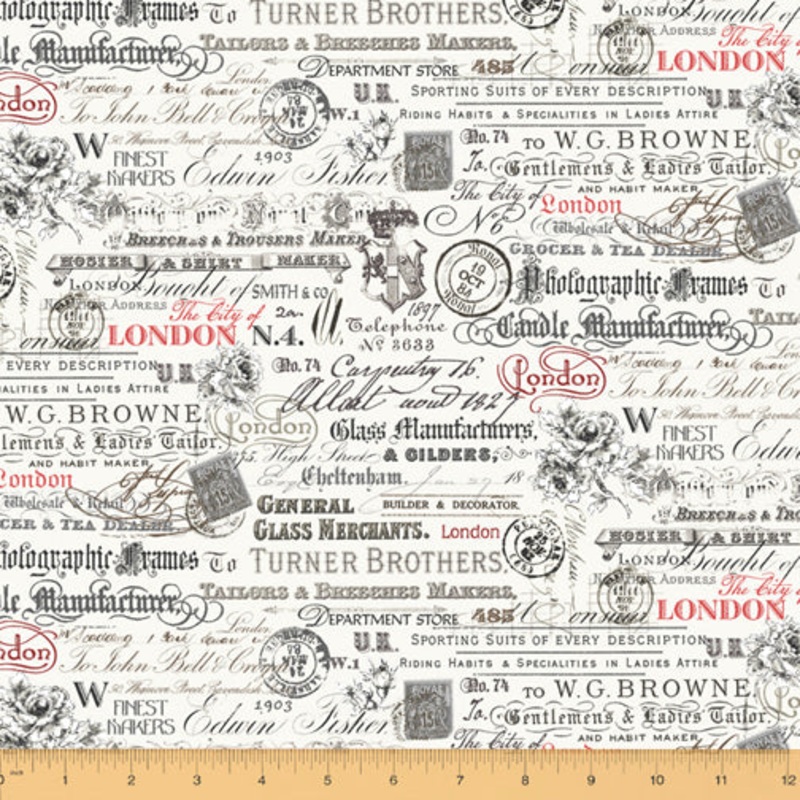 *Closeout Sale* London, Text and Stamps in White, Windham Fabrics, per half yard