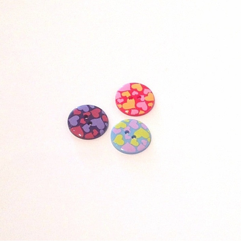 Heart Printed Buttons-22 mm-Purple & Pale blue & Pink