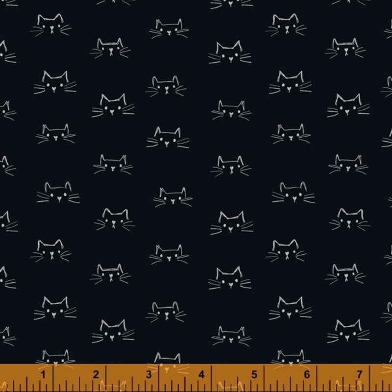 *Closeout Sale* Mod Cats, Cat Faces in Soft Black, per half-yard