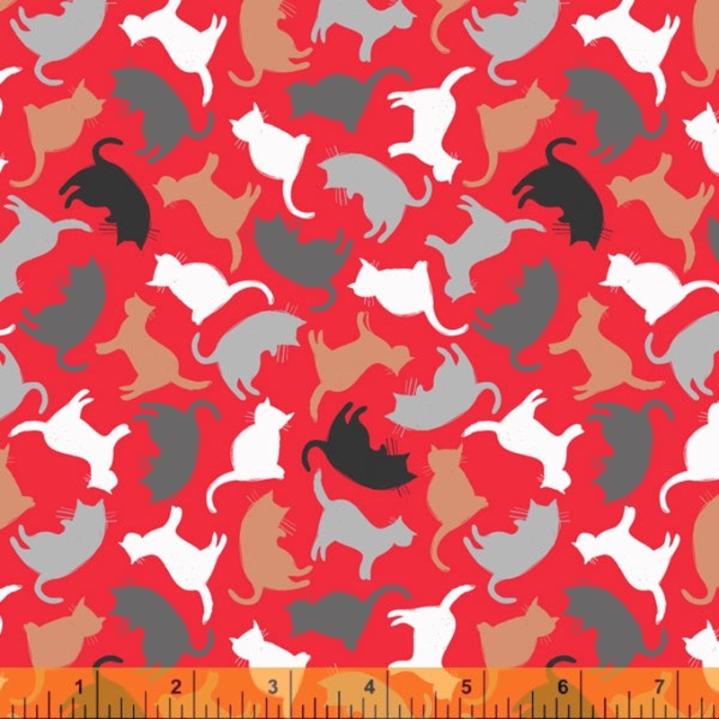 *Closeout Sale* Mod Cats, Kitty Silhouettes in Red, per half-yard