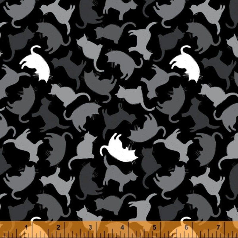 *Closeout Sale* Mod Cats, Kitty Silhouettes in Soft Black, per half-yard