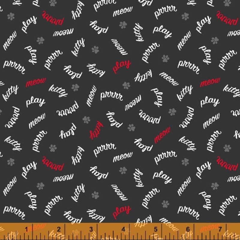 *Closeout Sale* Mod Cats, Play Words in Black, per half-yard