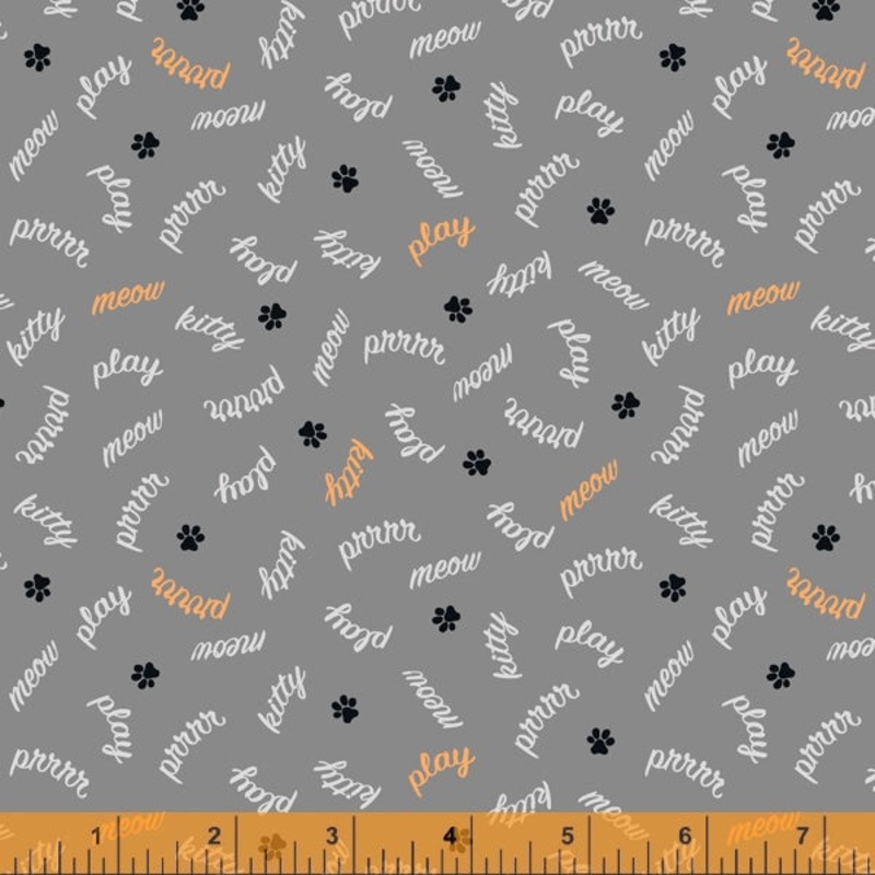*Closeout Sale* Mod Cats, Play Words in Grey, per half-yard