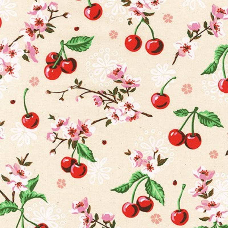Wishwell Cheery Blossom, Cherries and Blooms Natural, per half-yard