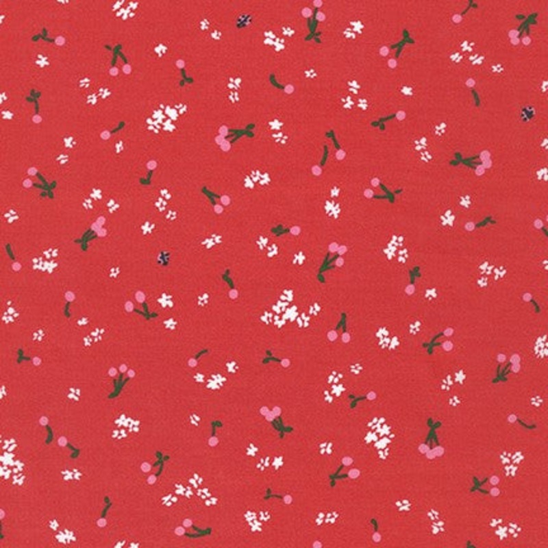 Wishwell Cheery Blossom in Lawn, Petite Cherries Ladybug, per half-yard