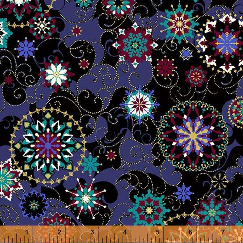 Windham Fabrics, 108 Wide Quilt Back, Winter Medallion in Black, per half-yard