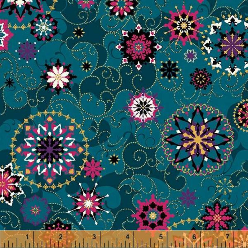 Windham Fabrics, 108 Wide Quilt Back, Winter Medallion in Teal, per half-yard