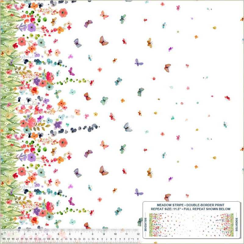 Wild Meadow by Sue Miano, Double-Border Print, Meadow Stripe in White, per half-yard
