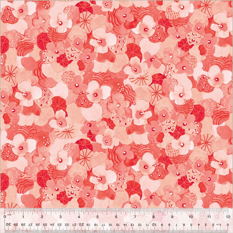 Wild Meadow by Sue Miano, Flowering Hedge in Coral, per half-yard