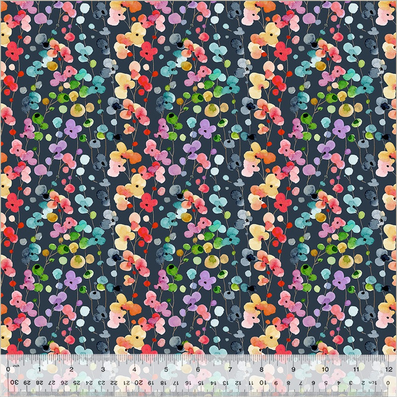 Wild Meadow by Sue Miano, Petite Blooms in Navy, per half-yard
