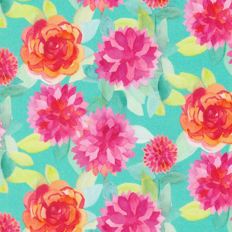 Flower Patches: ROBINS EGG (Faceted Flower Florals Watercolor) Fabric by Amarilys Henderson (1/2 yd)