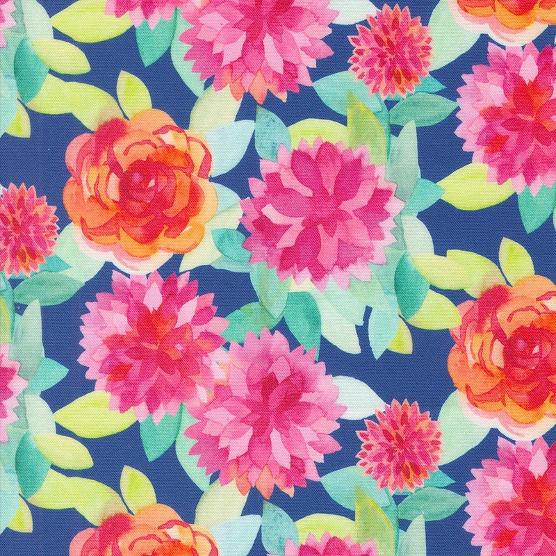 Flower Patches: SAPPHIRE (Faceted Flower Florals Watercolor)  Fabric by Amarilys Henderson (1/2 yd)