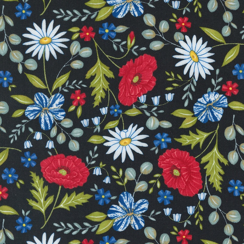 Red White & Bloom: BLACK Patriotic Florals by Deb Strain (1/2 yd)