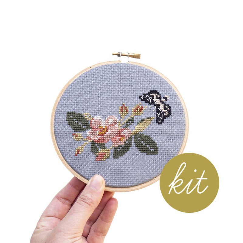 Wild Rose and Moth Cross Stitch Kit