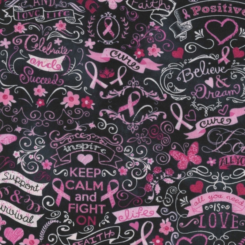 Pink Ribbon Chalkboard - Breast Cancer Awareness - Timeless Treasures Gail C3999 Black