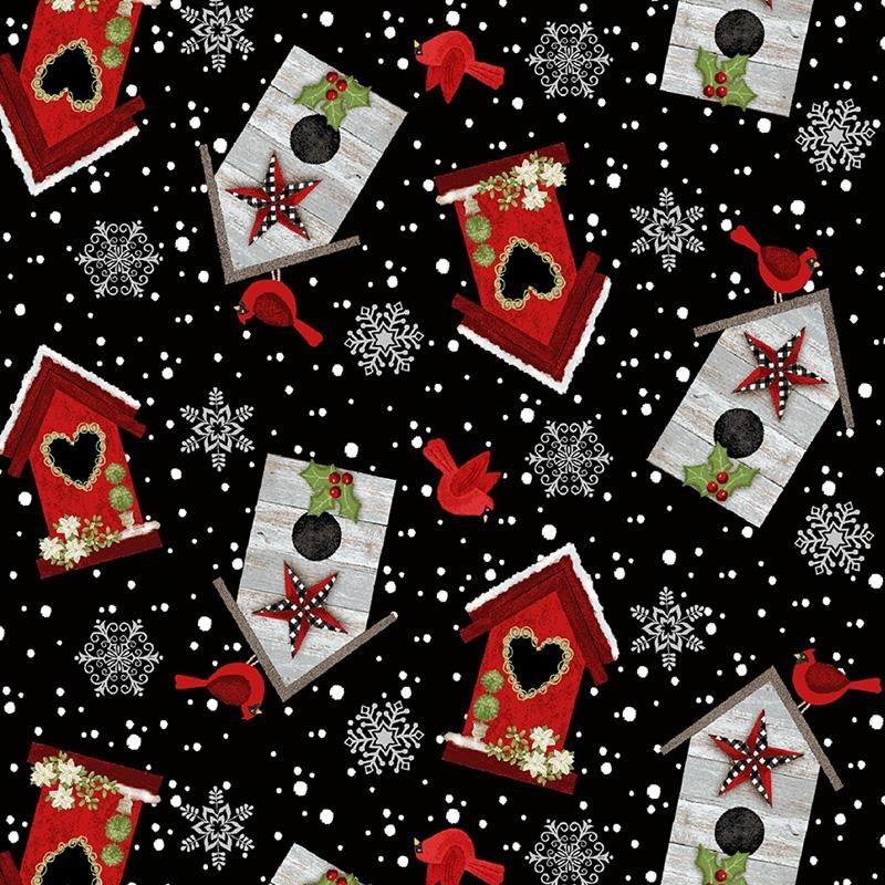 Flannel - Snow Place Like Home Flannel F5706-98 Black Tossed Bird Houses