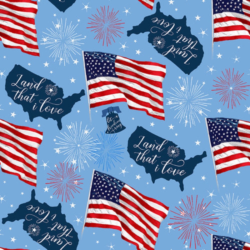 One Nation Blue Tossed Map and Flag Fabric   111-78