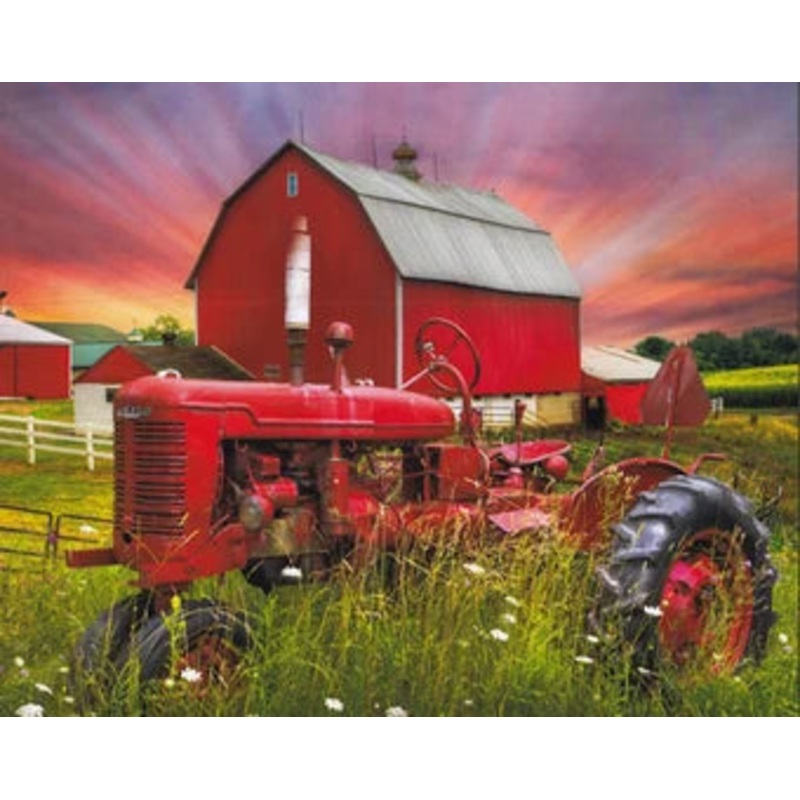 Red Tractor and Barn in Sunset Gold Panel  AL-3871-1C-1