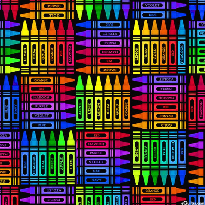 Timeless Treasures Too Cool For School - Bright Crayons - Black  CD1687