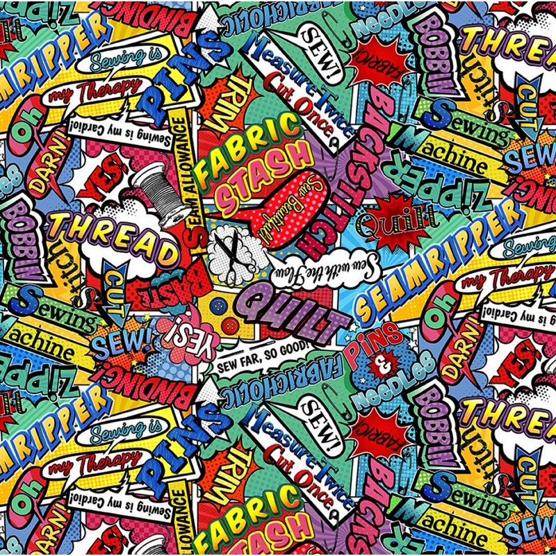 Timeless Treasures  Sew Strong  Sewing And Quilting Words Comic  Multi  CD2595