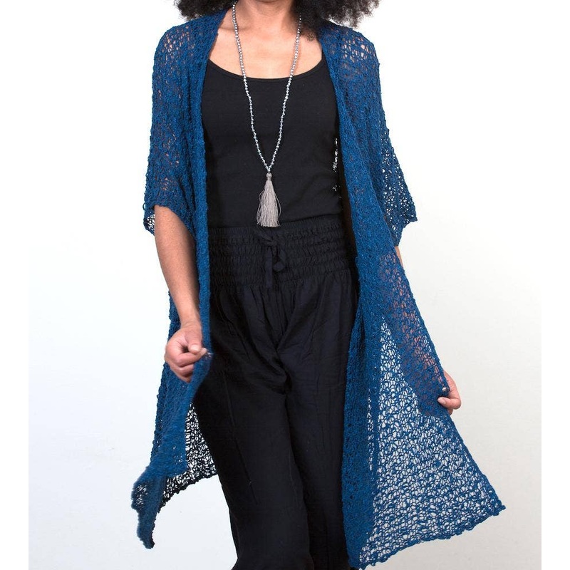 Mid Length Popcorn Knit Kimono - Navy Blue