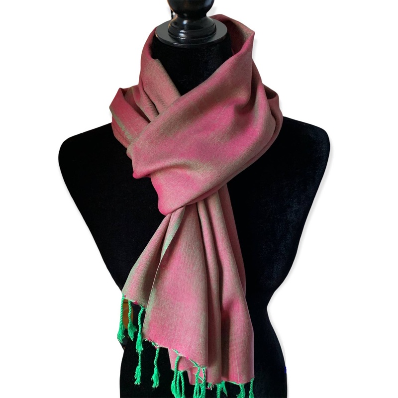 Small Solid Handwoven Scarf - Green & Fuchsia