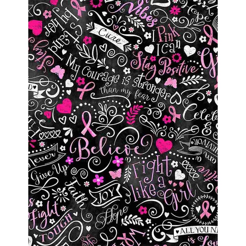 Pink Ribbon Quilt Fabric - Breast Cancer Chalkboard in Black- GAIL-C8408 BLACK